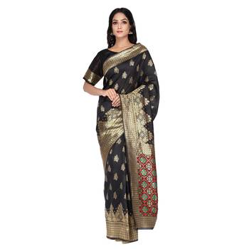 Black woven Bemberg silk saree with blouse 3