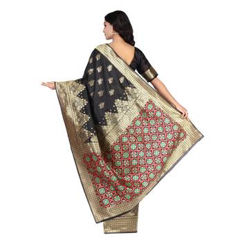 Black woven Bemberg silk saree with blouse 4