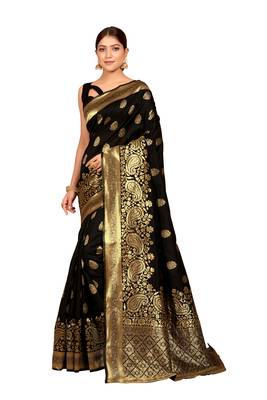 Black woven Bemberg silk saree with blouse 3