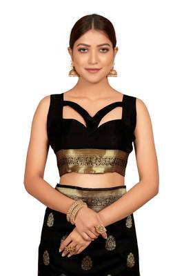 Black woven Bemberg silk saree with blouse 5