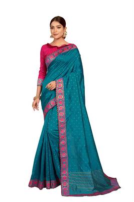 Dark sky blue woven silk saree with blouse 3