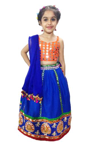 blue cotton kids lehenga with embroidered work