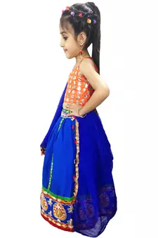 blue cotton kids lehenga with embroidered work