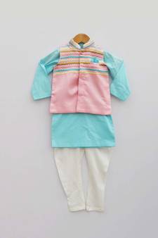 Baby Pink Jacket with Blue Kurta and Pant