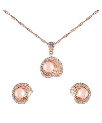 Rose Gold Plated Glittering Cubic Zirconia Designer Chain Pendent Necklace with Pearl Drop Earring 2