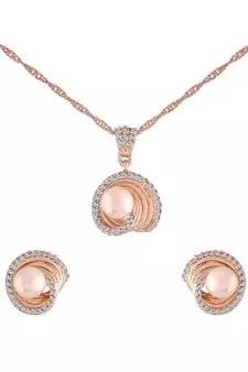Rose Gold Plated Glittering Cubic Zirconia Designer Chain Pendent Necklace with Pearl Drop Earring