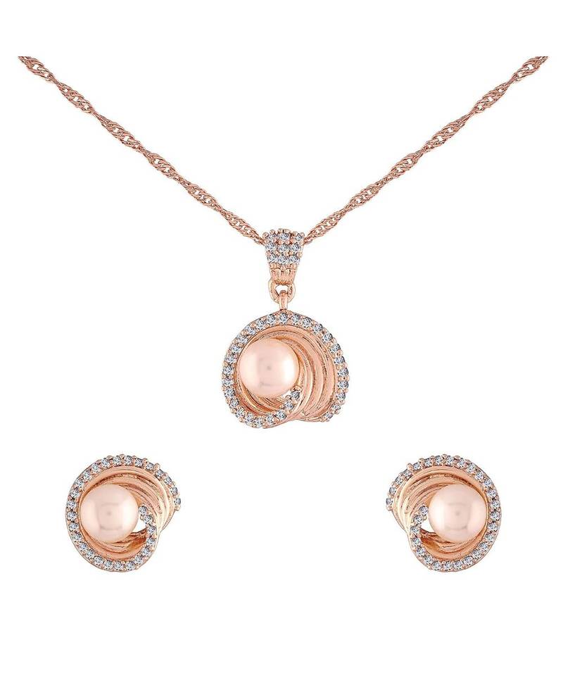 Rose Gold Plated Glittering Cubic Zirconia Designer Chain Pendent Necklace with Pearl Drop Earring