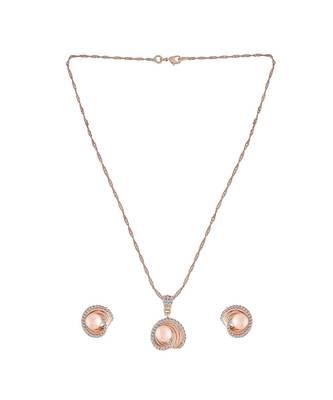 Rose Gold Plated Glittering Cubic Zirconia Designer Chain Pendent Necklace with Pearl Drop Earring 3