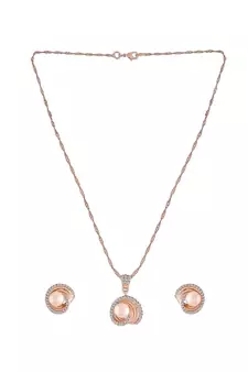 Rose Gold Plated Glittering Cubic Zirconia Designer Chain Pendent Necklace with Pearl Drop Earring