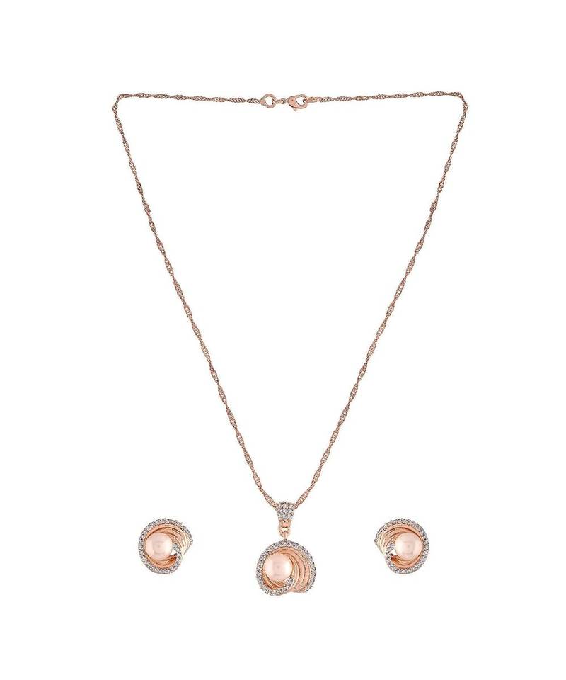 Rose Gold Plated Glittering Cubic Zirconia Designer Chain Pendent Necklace with Pearl Drop Earring