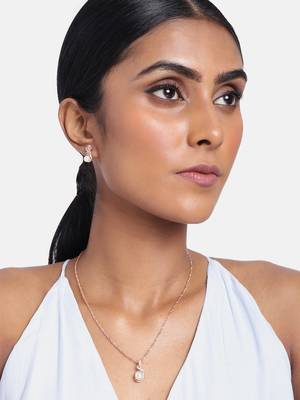 Rose Gold Plated Glittering Cubic Zirconia Designer Chain Pendent Necklace with Pearl Drop Earring 1