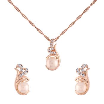 Rose Gold Plated Glittering Cubic Zirconia Designer Chain Pendent Necklace with Pearl Drop Earring 3