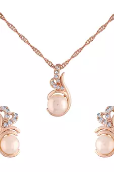 Rose Gold Plated Glittering Cubic Zirconia Designer Chain Pendent Necklace with Pearl Drop Earring