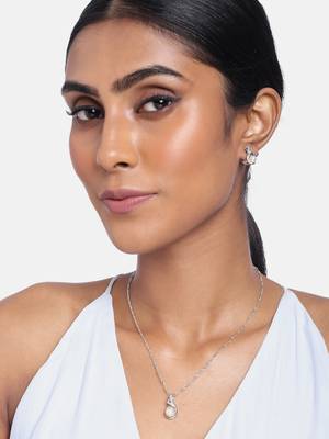 Rhodium Plated Glittering Cubic Zirconia Designer Chain Pendent Necklace with Pearl Drop Earring 1