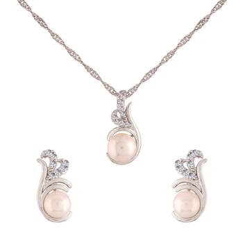 Rhodium Plated Glittering Cubic Zirconia Designer Chain Pendent Necklace with Pearl Drop Earring 3