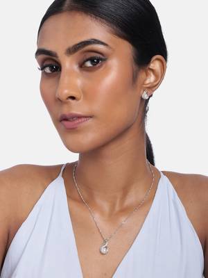 Glittering Cubic Zirconia Designer Chain Pendent Necklace with Pearl Drop Earring 1