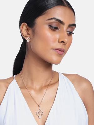 Rose Gold Plated Glittering American Diamond CZ Zircon Chain Pendent Necklace Set 1