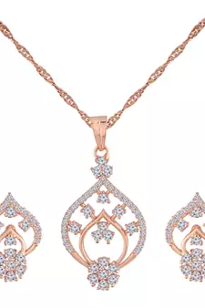 Rose Gold Plated Glittering American Diamond CZ Zircon Chain Pendent Necklace Set