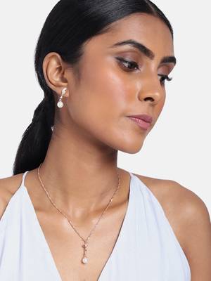 Rose Gold Plated Glittering American Diamond CZ Zircon Chain Pendent Necklace Set 1