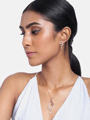 Rose Gold Plated Glittering American Diamond CZ Zircon Chain Pendent Necklace Set 1