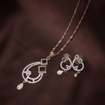 Rose Gold Plated Glittering American Diamond CZ Zircon Chain Pendent Necklace Set 2