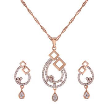 Rose Gold Plated Glittering American Diamond CZ Zircon Chain Pendent Necklace Set 3