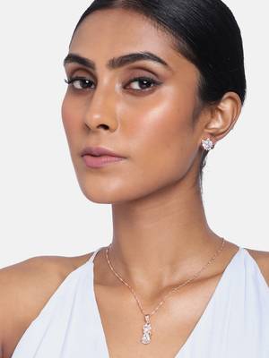 Rose Gold Plated Glittering American Diamond CZ Zircon Chain Pendent Necklace Set 1