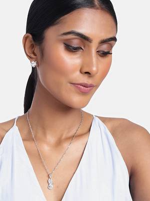 Rhodium Plated Glittering American Diamond CZ Zircon Chain Pendent Necklace Set 1