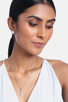 Rhodium Plated Glittering American Diamond CZ Zircon Chain Pendent Necklace Set