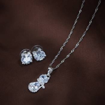 Rhodium Plated Glittering American Diamond CZ Zircon Chain Pendent Necklace Set 2