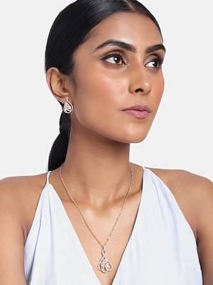 Rose Gold Plated Glittering American Diamond CZ Zircon Chain Pendent Necklace Set 1