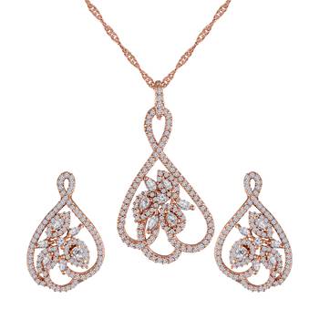 Rose Gold Plated Glittering American Diamond CZ Zircon Chain Pendent Necklace Set 3