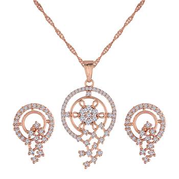 Rose Gold Plated Glittering American Diamond CZ Zircon Chain Pendent Necklace Set 3