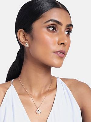 Rose Gold Plated Glittering Cubic Zirconia Designer Chain Pendent Necklace Set 1