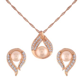 Rose Gold Plated Glittering Cubic Zirconia Designer Chain Pendent Necklace Set 2