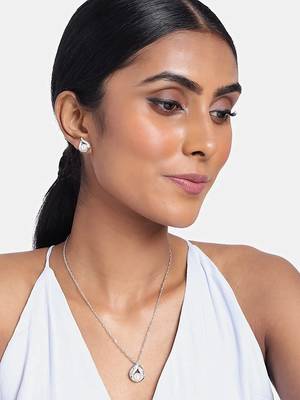 Rhodium Plated Glittering Cubic Zirconia Designer Chain Pendent Necklace Set 1