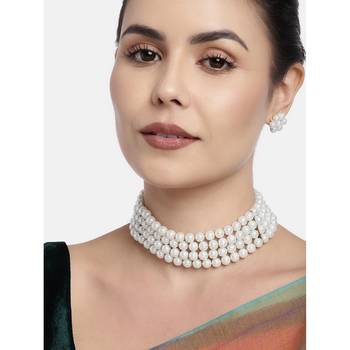 White Pearl Beaded Stylish Moti Choker Necklace Set with Stud Earrings 1
