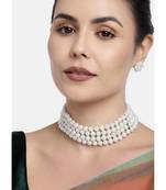 White Pearl Beaded Stylish Moti Choker Necklace Set with Stud Earrings