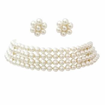 White Pearl Beaded Stylish Moti Choker Necklace Set with Stud Earrings 3
