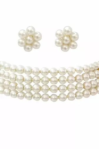 White Pearl Beaded Stylish Moti Choker Necklace Set with Stud Earrings