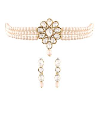 Traditional Stone Studded Pearl Choker Necklace Jewellery Set 1