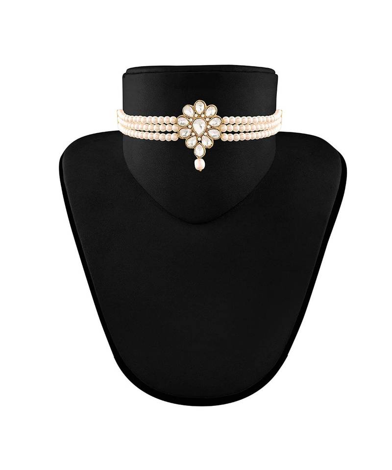 Traditional Stone Studded Pearl Choker Necklace Jewellery Set