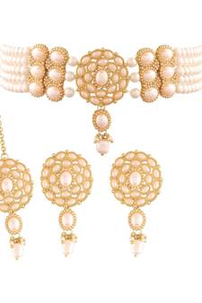 Traditional Pearl Choker Necklace with Earrings & Maang Tikka Set