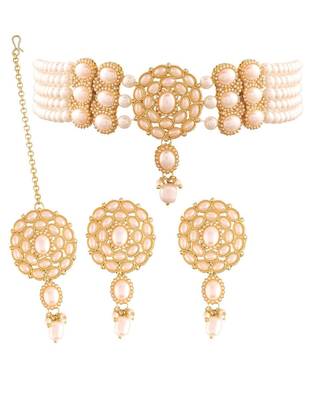 Traditional Pearl Choker Necklace with Earrings & Maang Tikka Set 1