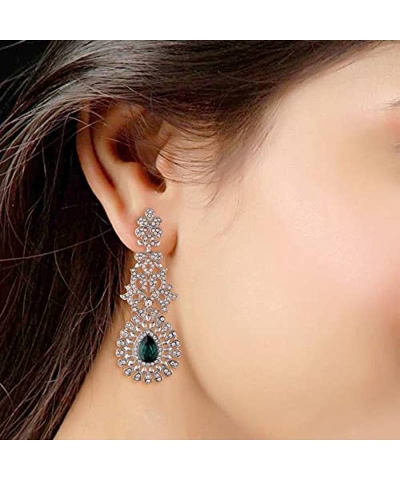 Rhodium Plated Austrion Diamond Sparkling Dangle Earrings