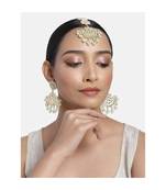 Traditional Matte Finish Kundan & Faux Pearl Chandbali Earrings with Maang Tikka Set