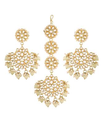 Traditional Matte Finish Kundan & Faux Pearl Chandbali Earrings with Maang Tikka Set 2