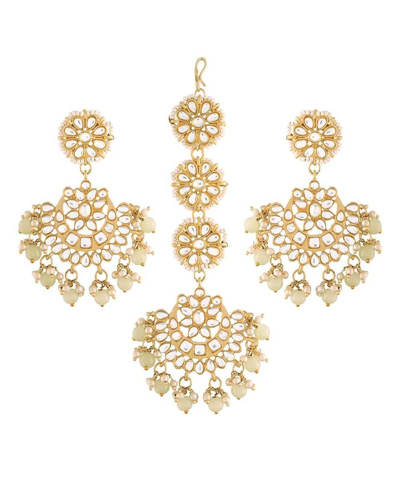 Traditional Matte Finish Kundan & Faux Pearl Chandbali Earrings with Maang Tikka Set