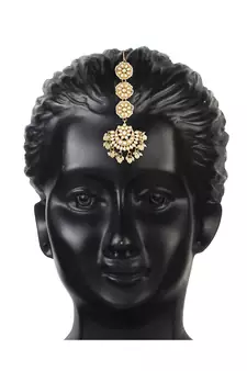 Traditional Matte Finish Kundan & Faux Pearl Chandbali Earrings with Maang Tikka Set