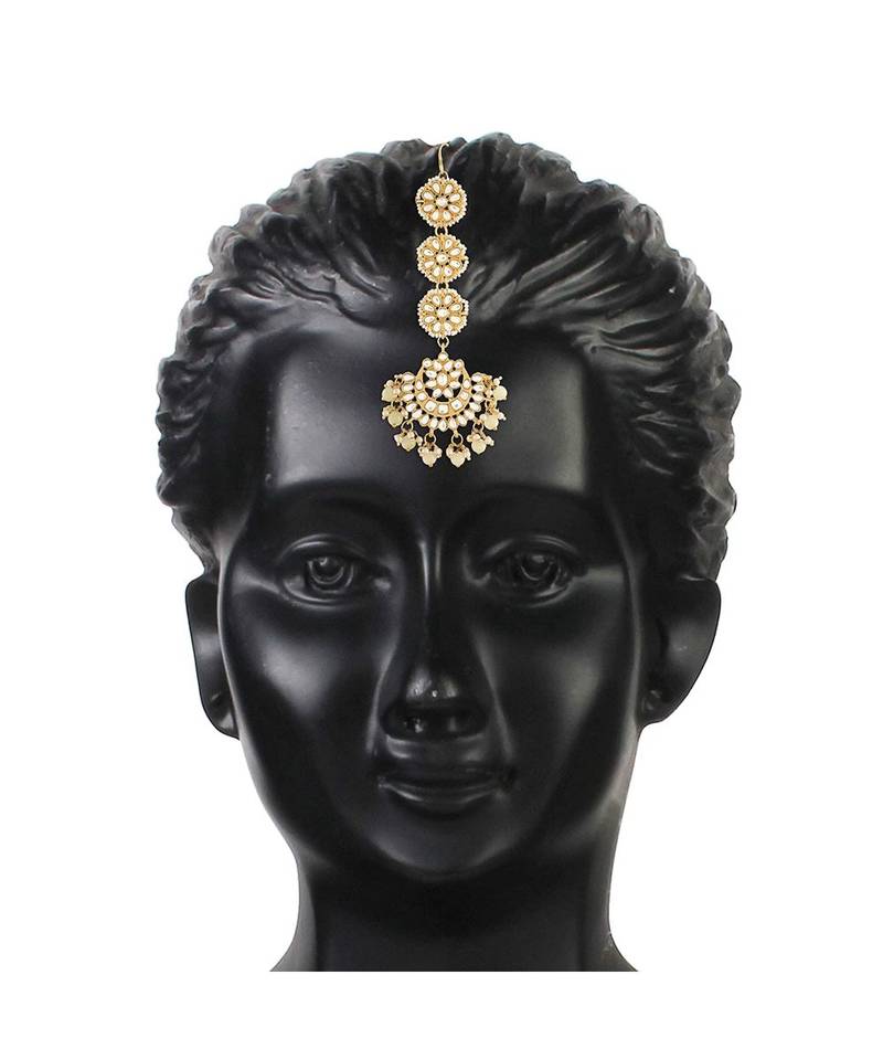 Traditional Matte Finish Kundan & Faux Pearl Chandbali Earrings with Maang Tikka Set